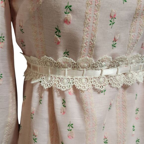 Vintage Handmade Nightgown Dress S Pink Floral Stripe Half Zip Lace Trim - Picture 12 of 15